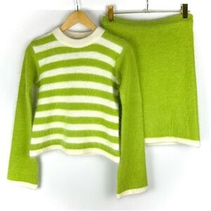 Vintage Angora 2 Piece Set • Sweater + Skirt in Green & White Stripes - XS/S